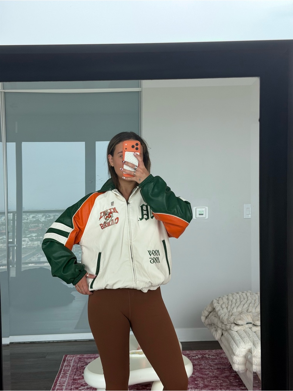 Hollister Cream, Green & Orange Varsity Bomber Jacket